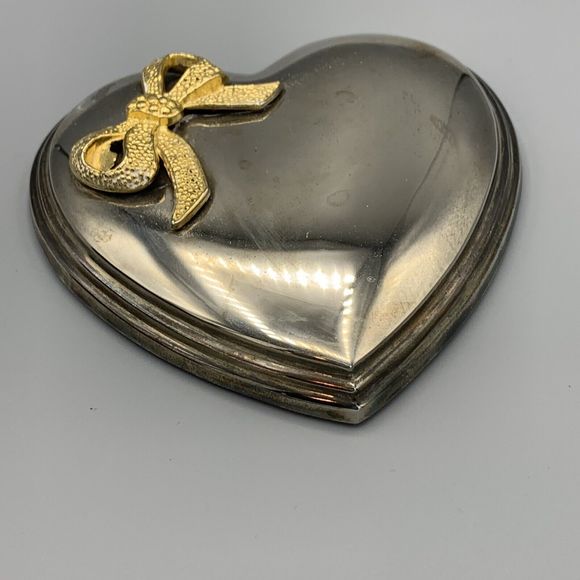 Vtg Metal Silver Toned Heart Trinket Box Blue Lining Jewely Box Gold Tone Bow - Picture 15 of 16